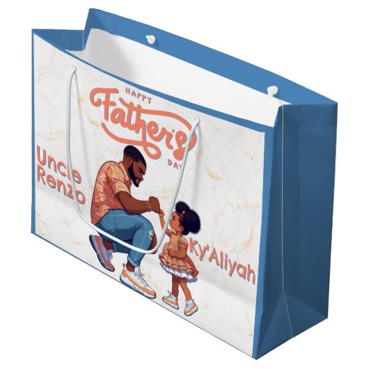 Schwarzer Vater und Tochter Faustblase Orange & Bl Große Geschenktüte (Vorderseite Schrägansicht)