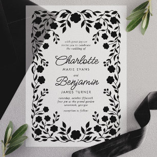 Schwarzer verzierter Blumenrandrahmen Hochzeit Pergament Einladungen