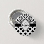 Schwarzer Vintage-Damask mit süßen Punkten Button (Vorne & Hinten)
