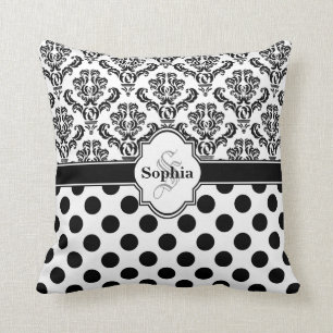 Schwarzer Vintage-Damask mit süßen Punkten Kissen