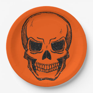 Schwarzer Vintage-Glitter-Totenkopf Halloween Pappteller