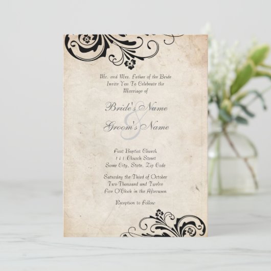 Schwarzer Vintager Blumenzauber Einladung (Stehend Vorderseite)