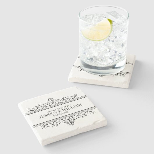 Schwarzer Vintager Rahmen glücklich immer nach Steinuntersetzer (Seitenansicht)