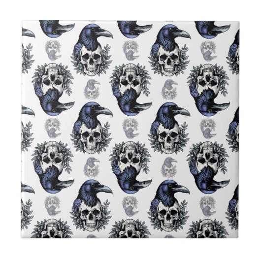 Schwarzer Vogel auf einem Skull-Goth-Muster Fliese (Vorderseite)