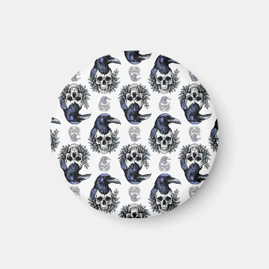 Schwarzer Vogel auf einem Skull-Goth-Muster Magnet (Vorne)