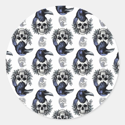 Schwarzer Vogel auf einem Skull-Goth-Muster Runder Aufkleber (Vorderseite)