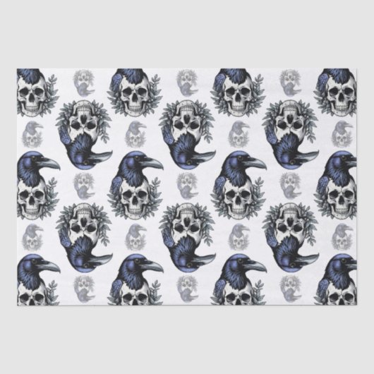 Schwarzer Vogel auf einem Skull-Goth-Muster Seidenpapier (Vorderseite)