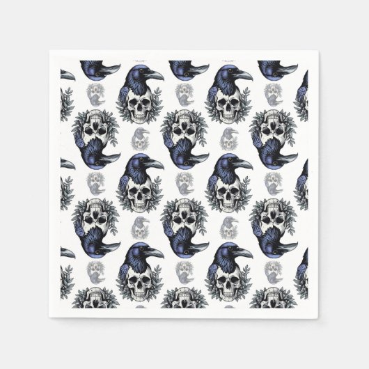 Schwarzer Vogel auf einem Skull-Goth-Muster Serviette (Vorderseite)