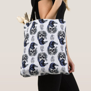 Schwarzer Vogel auf einem Skull-Goth-Muster Tasche