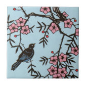 Schwarzer Vogel Kirschblütenbaum Fliese (Vorderseite)