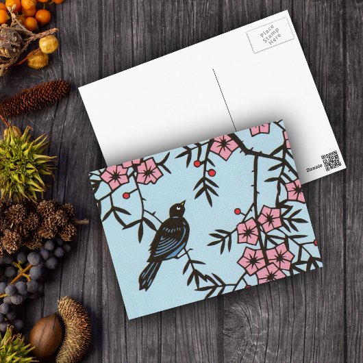 Schwarzer Vogel Kirschblütenbaum Postkarte