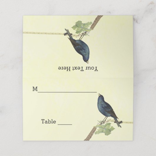 Schwarzer Vogel-Raupe auf Zweigelb singen Platzkarte (Außenseite Aufgefaltet)