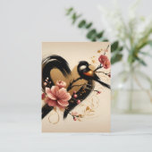 Schwarzer Vogel und Kirschblütenherz Postkarte (Stehend Vorderseite)