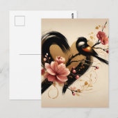 Schwarzer Vogel und Kirschblütenherz Postkarte (Vorne/Hinten)