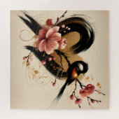 Schwarzer Vogel und Kirschblütenherz Puzzle (Horizontal)