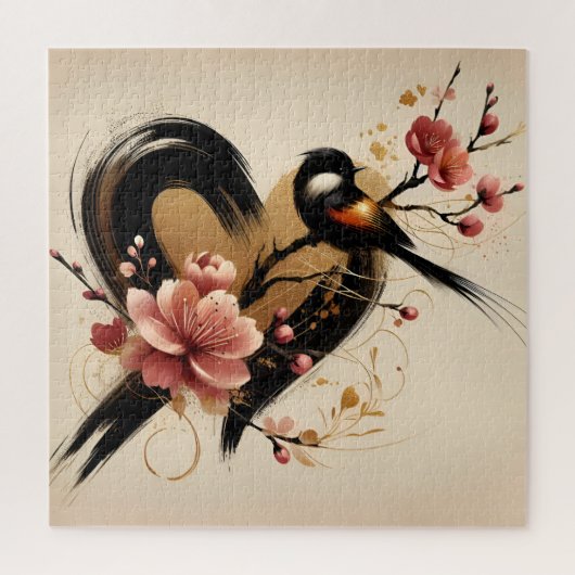 Schwarzer Vogel und Kirschblütenherz Puzzle (Vertikal)