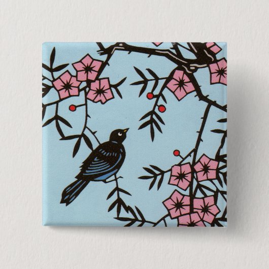 Schwarzer Vogelkrebs Blossom Tree Button (Vorderseite)