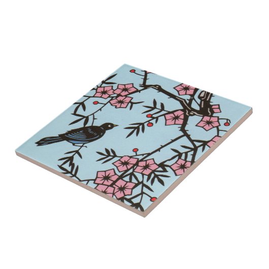 Schwarzer Vogelkrebs Blossom Tree Fliese (Seite)