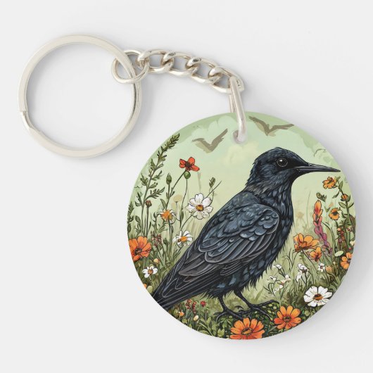 Schwarzer Vogelschwarm blühende Blume Schlüsselanhänger (Vorderseite)