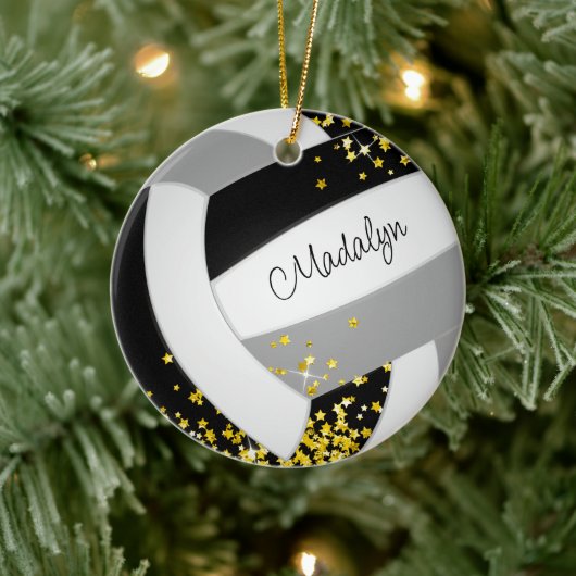 Schwarzer Volleyball mit winzigen goldenen Sternen Keramik Ornament (Baum)