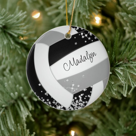 Schwarzer Volleyball mit winzigen Silberstars Keramik Ornament (Baum)