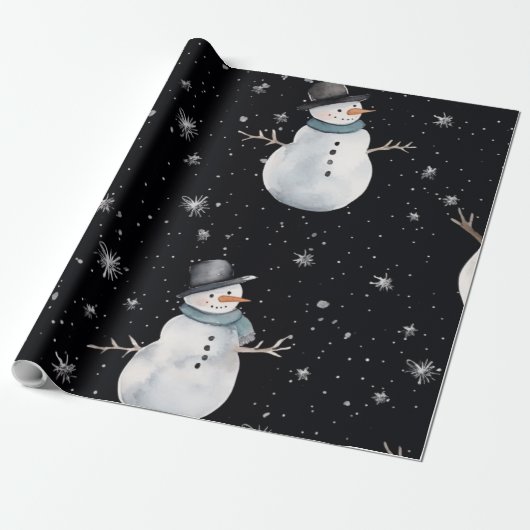 Schwarzer Weihnachtsabend Snowman Geschenkpapier (Ungerollt)
