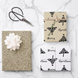 Schwarzer Weihnachtsbaum Faux Gold Glitter Feierta Geschenkpapier Set