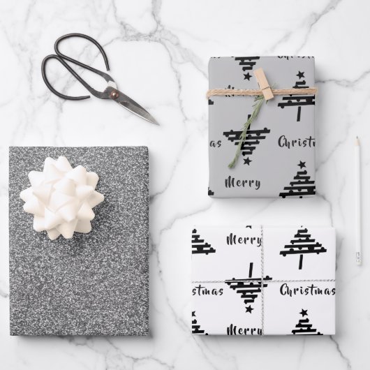 Schwarzer Weihnachtsbaum Imitate Silberner Glitzer Geschenkpapier Set (Vorderseite)
