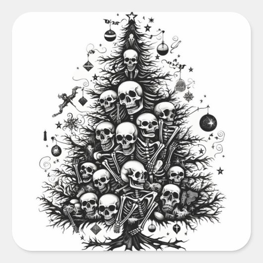 Schwarzer Weihnachtsbaum Skulpturen und Knochen Quadratischer Aufkleber (Vorderseite)