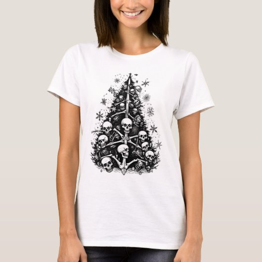 Schwarzer Weihnachtsbaum Skulpturen und Knochen T-Shirt (Vorderseite)