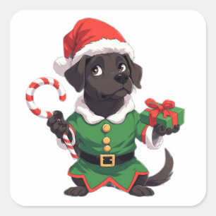 Schwarzer Weihnachtself-Hund mit Zuckerrohr und Ge Quadratischer Aufkleber