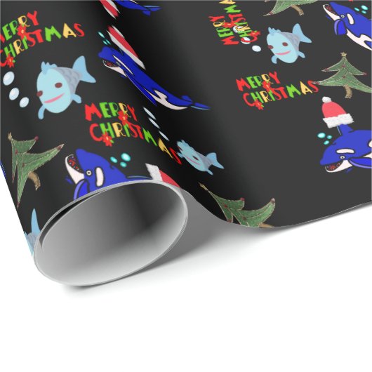 Schwarzer Weihnachtshai Fish Wrapping Paper Geschenkpapier (Rolleneckpunkt)