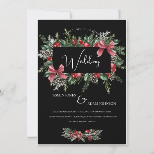 Schwarzer Weihnachtskranz Roter Winter Feierliche  Einladung (Vorderseite)