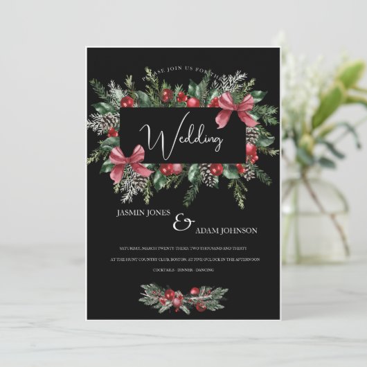 Schwarzer Weihnachtskranz Roter Winter Feierliche  Einladung (Stehend Vorderseite)