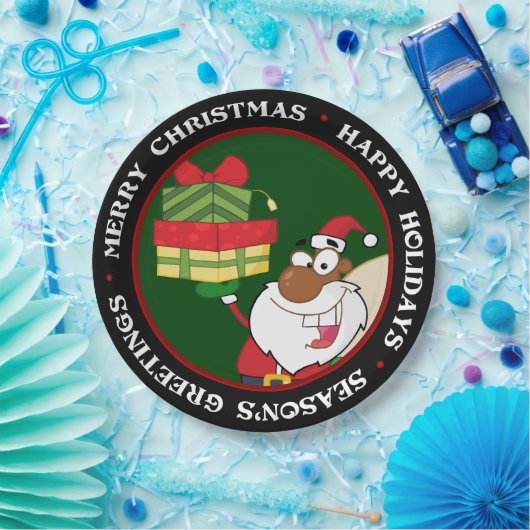 Schwarzer Weihnachtsmann mit Geschenken Pappteller (Party)