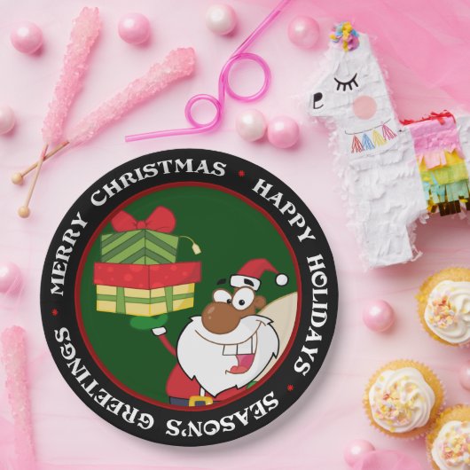 Schwarzer Weihnachtsmann mit Geschenken Pappteller (Party)