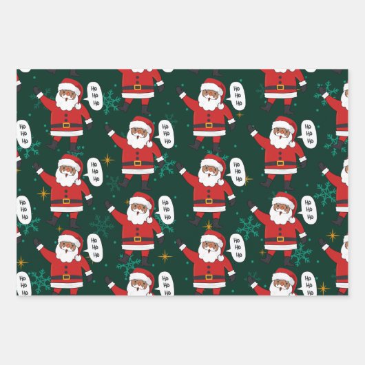 Schwarzer Weihnachtsmann mit Schneeflocken und Ste Geschenkpapier Set (Vorderseite 3)