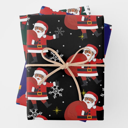 Schwarzer Weihnachtsmann mit Schneeflocken und Ste Geschenkpapier Set (Beispiel)