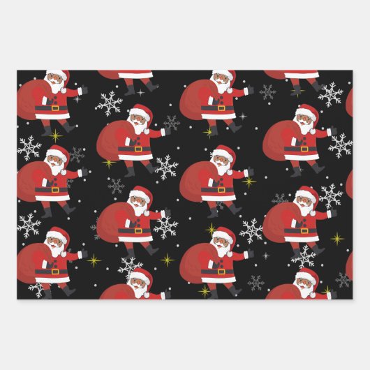 Schwarzer Weihnachtsmann mit Schneeflocken und Ste Geschenkpapier Set (Vorderseite)