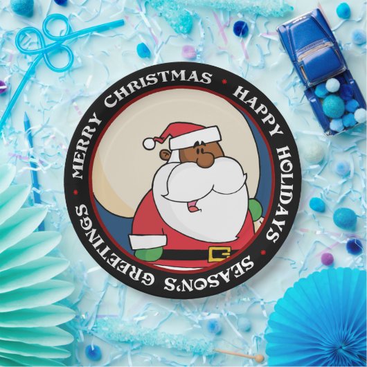 Schwarzer Weihnachtsmann mit Spielzeug-Sack Pappteller (Party)