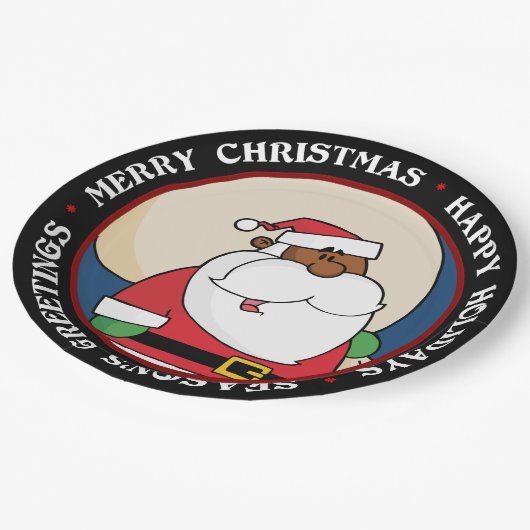 Schwarzer Weihnachtsmann mit Spielzeug-Sack Pappteller (Schrägansicht)