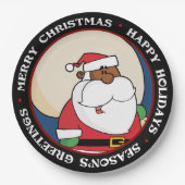 Schwarzer Weihnachtsmann mit Spielzeug-Sack Pappteller (Vorderseite)