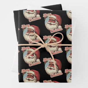 Schwarzer Weihnachtsmann Retro Weihnachten Vintage Geschenkpapier Set