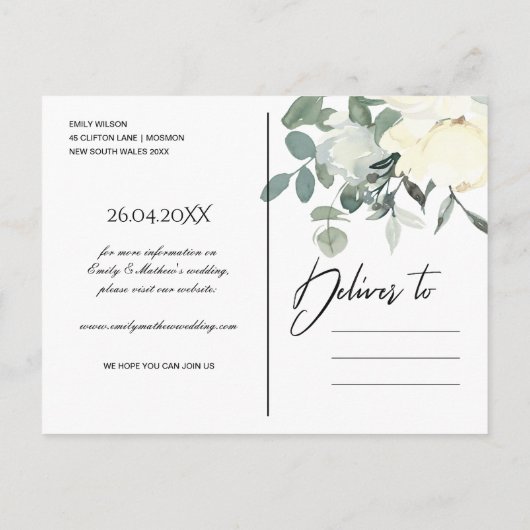 SCHWARZER, WEISSER BLUMENBUNKT SAVE THE DATE ANKÜNDIGUNGSPOSTKARTE (Rückseite)