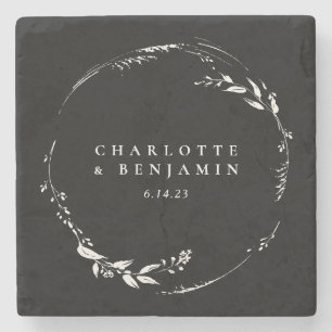 Schwarzer Weißer Blumenkranz Monogramm Personalisi Steinuntersetzer