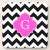 Schwarzer weißer Chevron Hot Pink Quatrefolie Mono Untersetzer (Vorderseite)