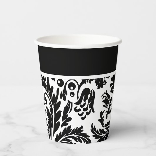 Schwarzer/weißer Damast Pappbecher (Rückseite)