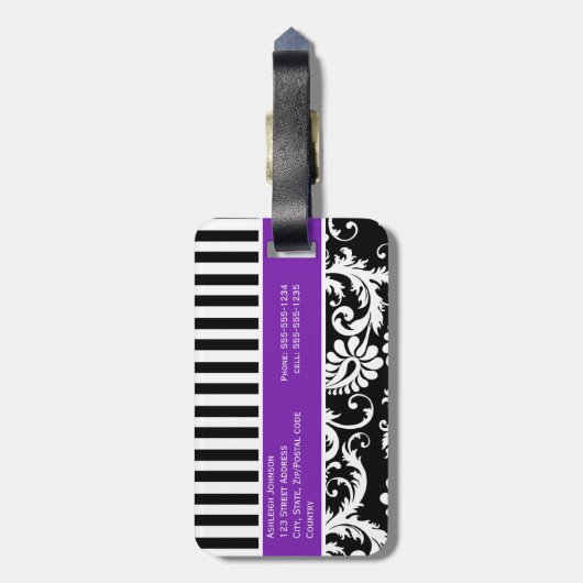 Schwarzer, weißer, lila gestreifter gepäckanhänger (Rückseite vertikal)