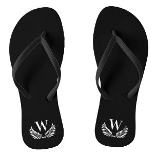 Schwarzer weißer Lorbeerkranz Monogramm Anfangsbuc Badesandalen