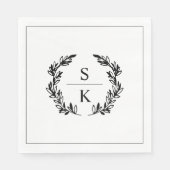 Schwarzer Weißer Lorbeerkranz Monogramm Hochzeit Serviette (Vorderseite)